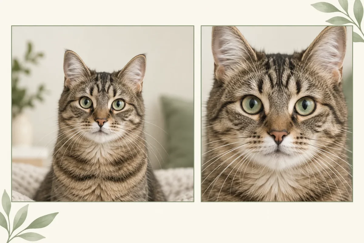 Two views of a cat portrait showing space around the ears and a crop that cuts into them.
