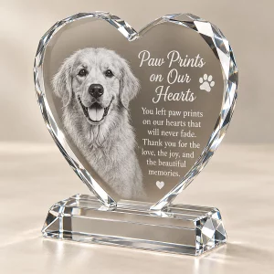 Faceted pet photo crystal heart viewed from an angle