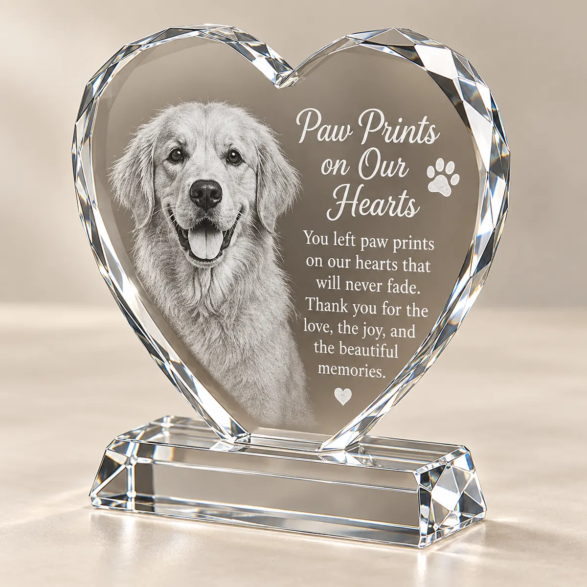 Faceted pet photo crystal heart viewed from an angle