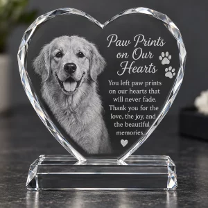 Close view of sample dog portrait and paw print design inside crystal heart