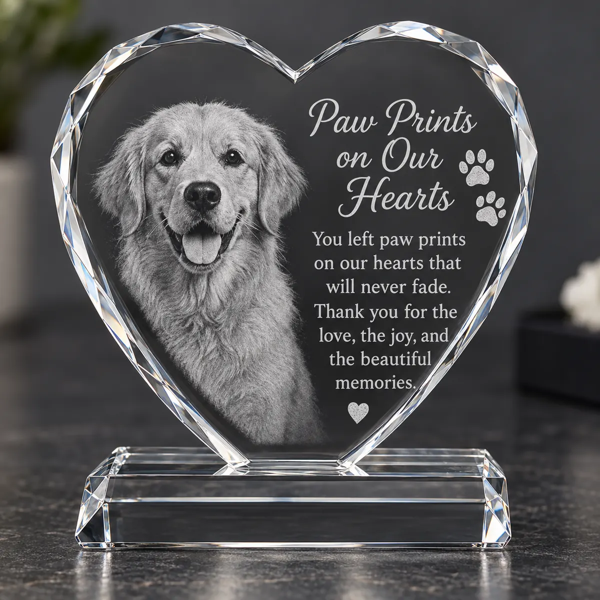 Close view of sample dog portrait and paw print design inside crystal heart