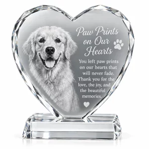 Faceted crystal heart memorial with sample dog photo and clear base