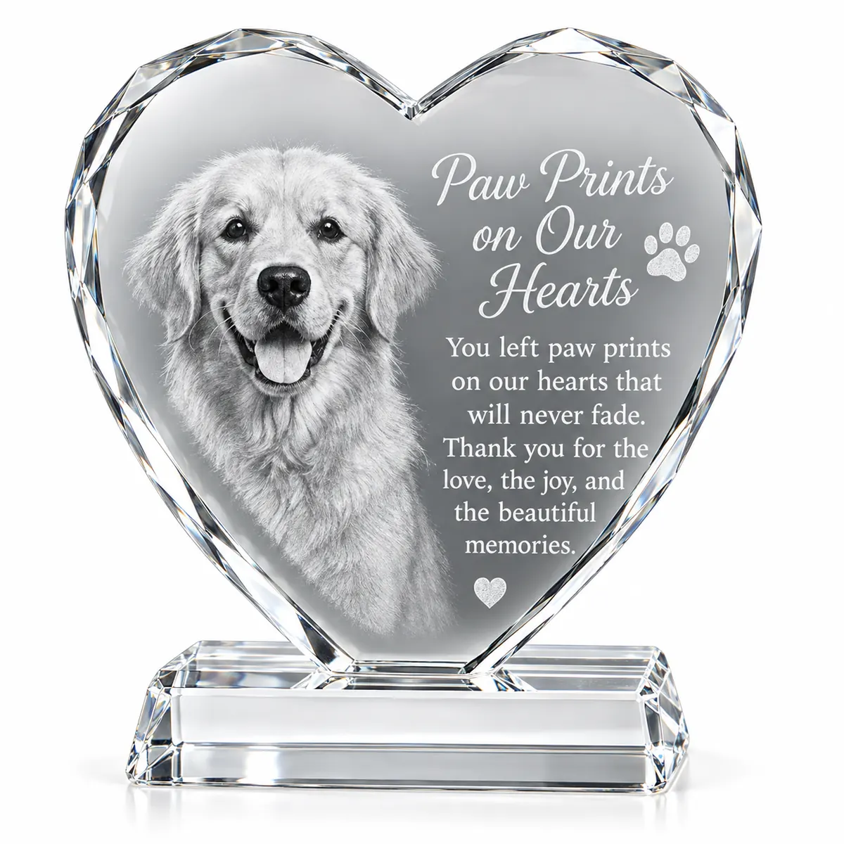 Faceted crystal heart memorial with sample dog photo and clear base