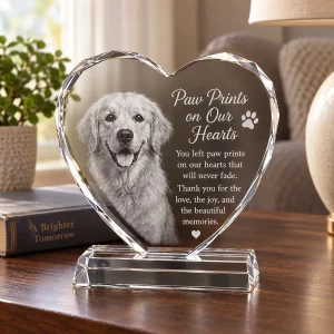 Clear pet photo crystal heart displayed on an indoor side table