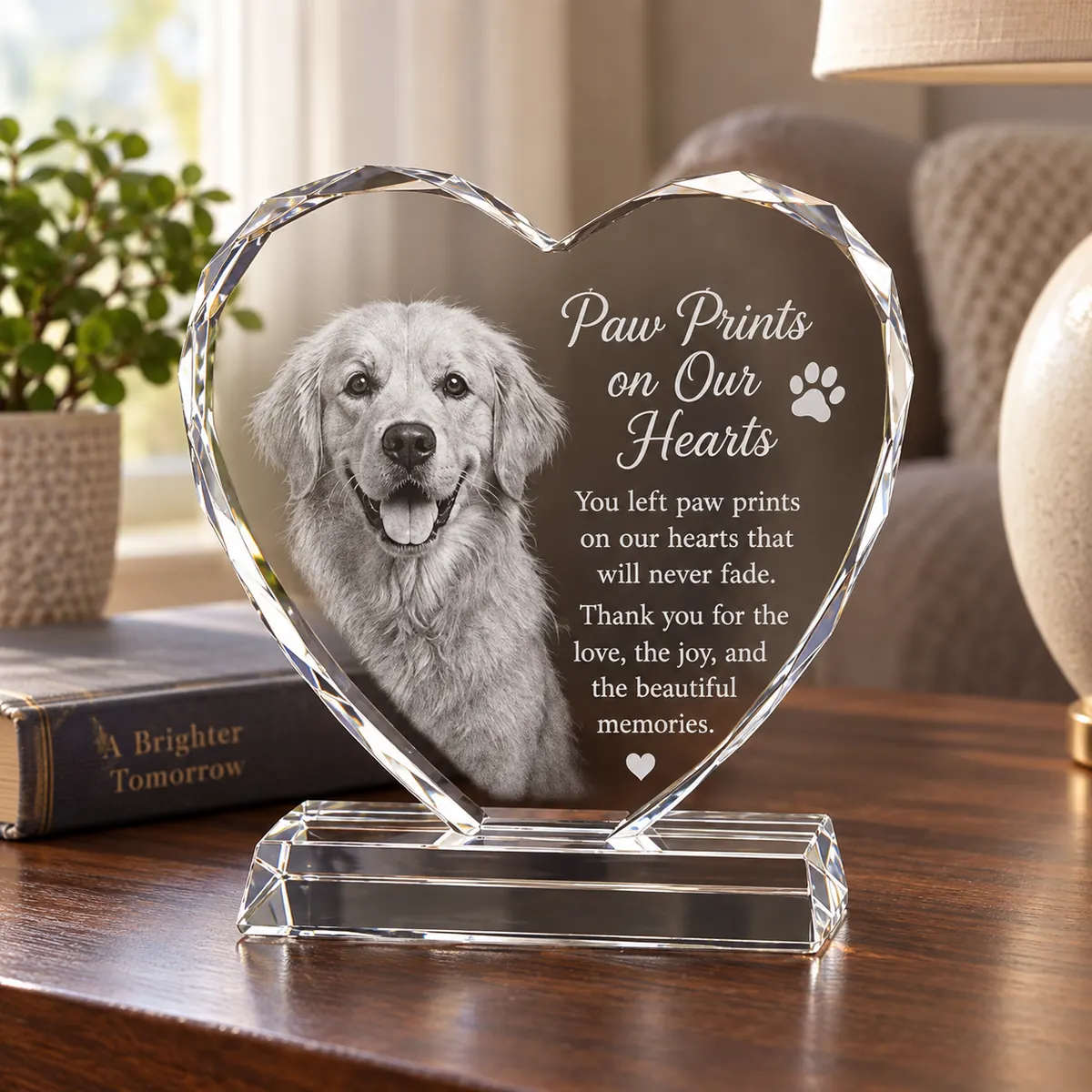 Clear pet photo crystal heart displayed on an indoor side table