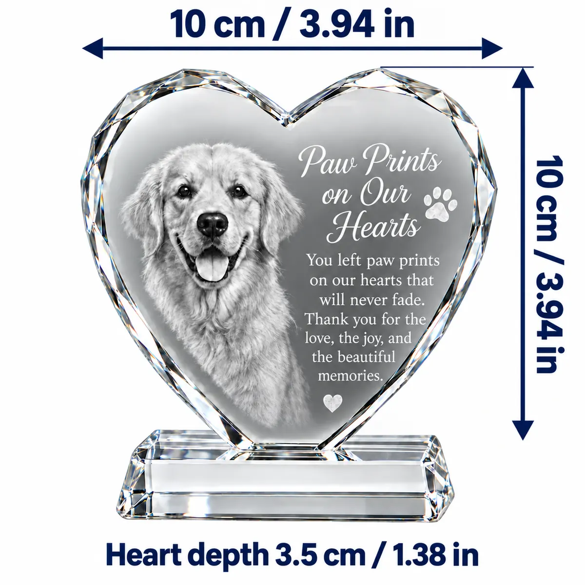 Ten centimeter pet photo crystal heart size diagram excluding support base