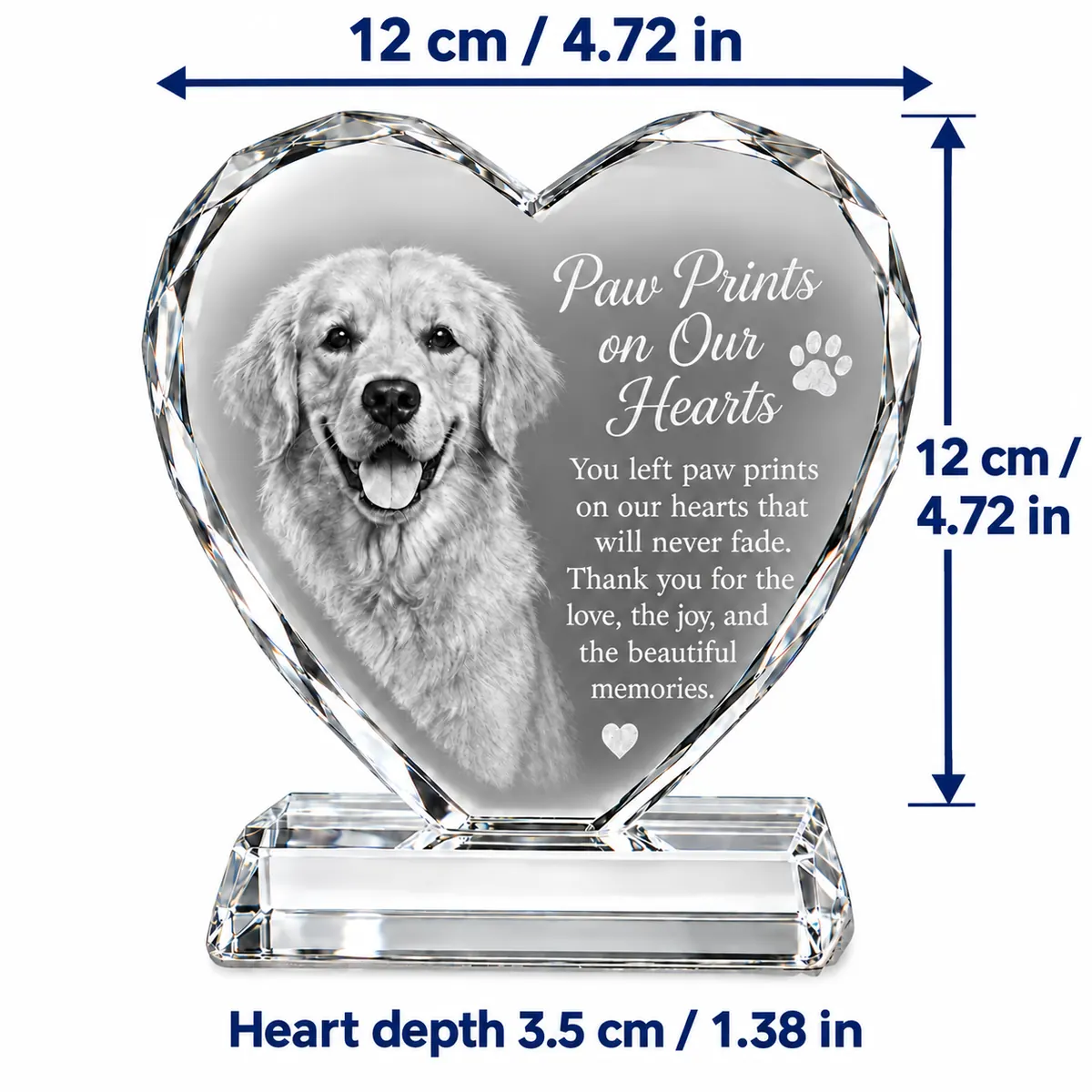 Twelve centimeter pet photo crystal heart size diagram excluding support base
