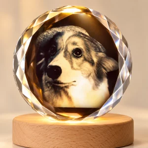 Close view of a dog portrait, faceted crystal edge and wooden base on a personalized memorial lamp