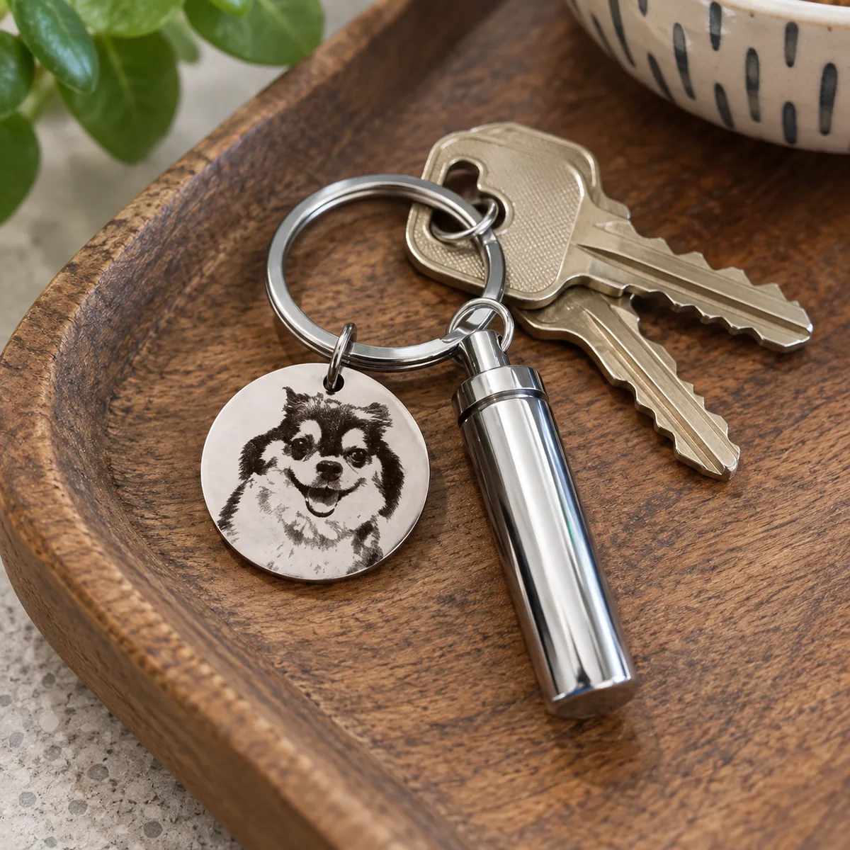 Personalized Pet Photo Keepsake Capsule Keychain, attached to keys