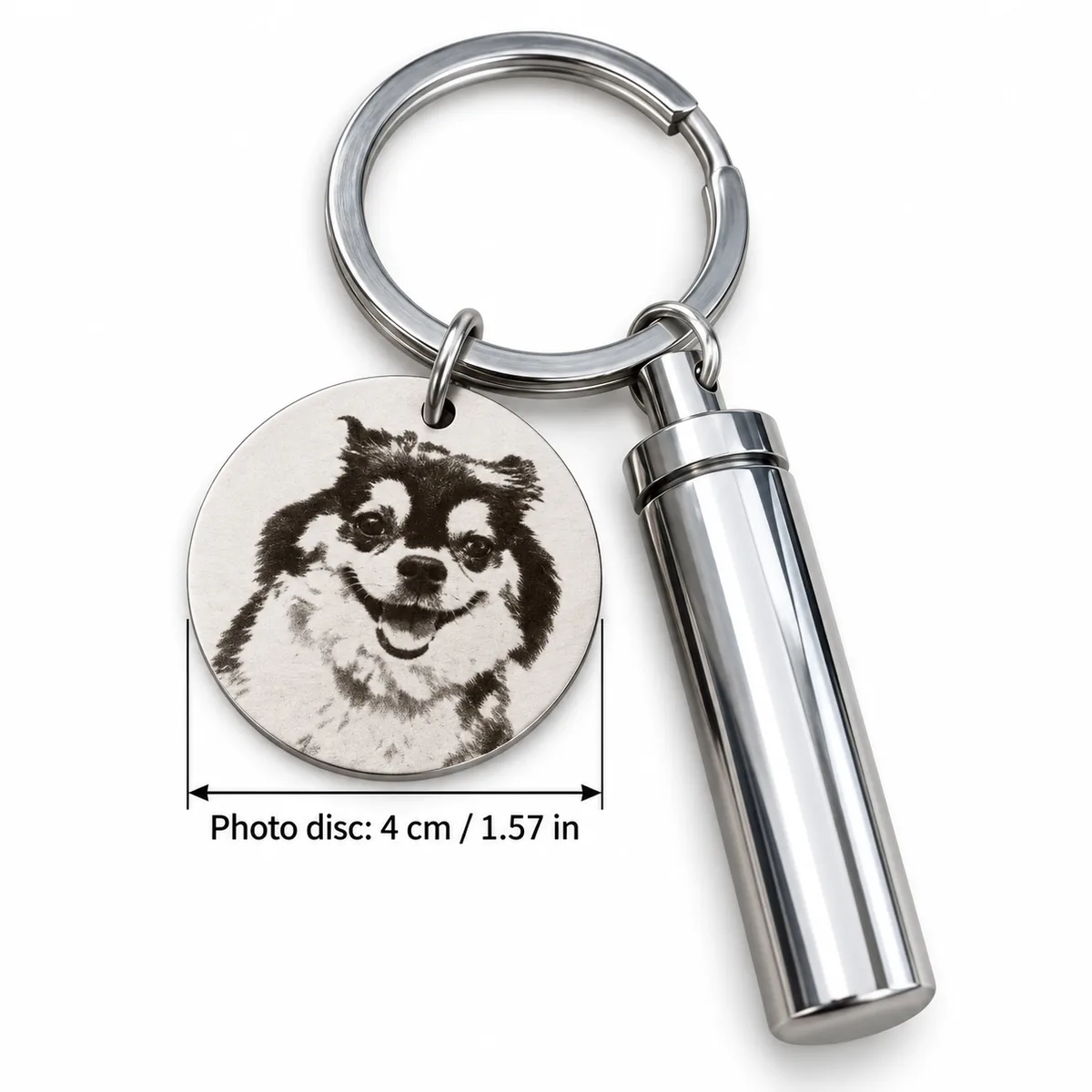 Personalized Pet Photo Keepsake Capsule Keychain, dimensions in centimeters and inches