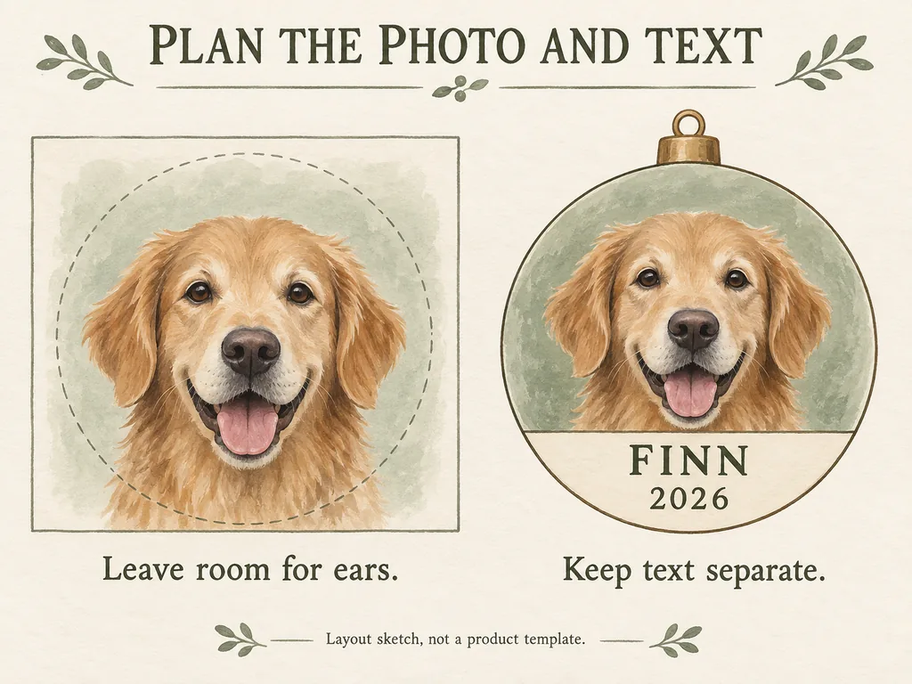 A dog portrait sketch with room around the ears is paired with an ornament layout that separates the photo from the name and year.