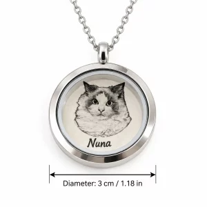 Pet Portrait and Fur Keepsake Locket Necklace, dimensions in centimeters and inches