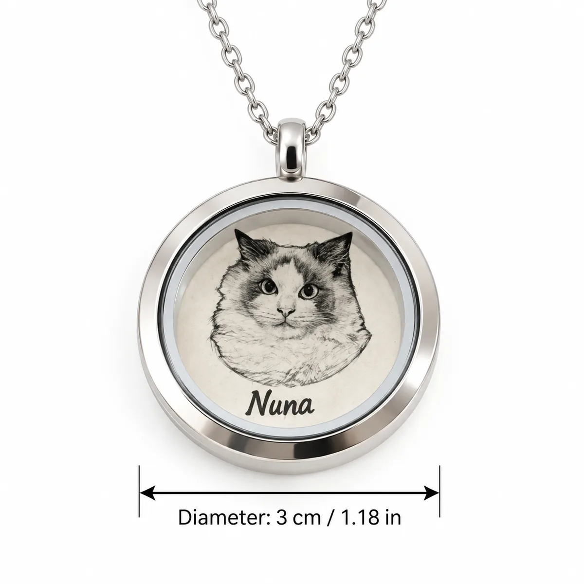 Pet Portrait and Fur Keepsake Locket Necklace, dimensions in centimeters and inches
