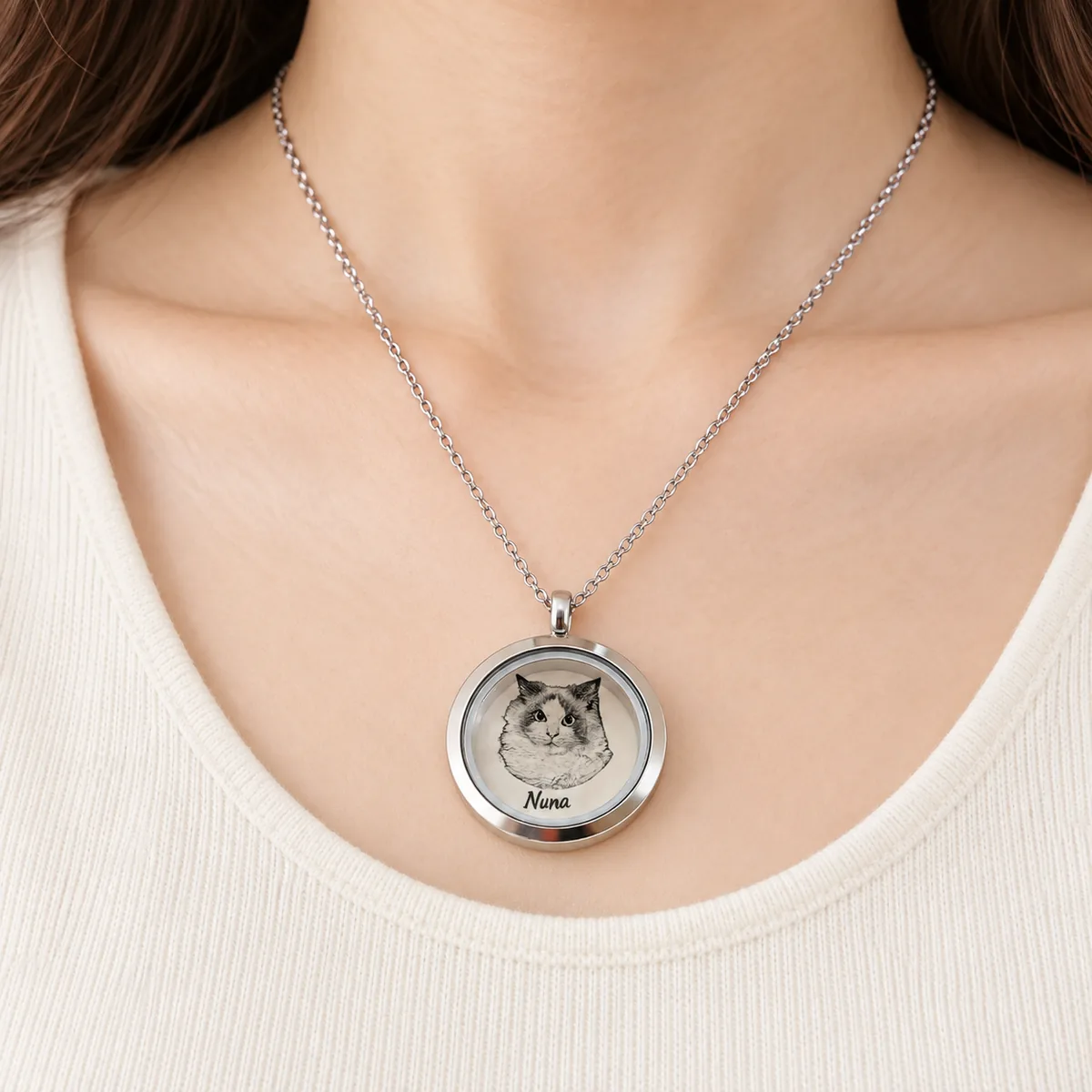 Pet Portrait and Fur Keepsake Locket Necklace, worn view