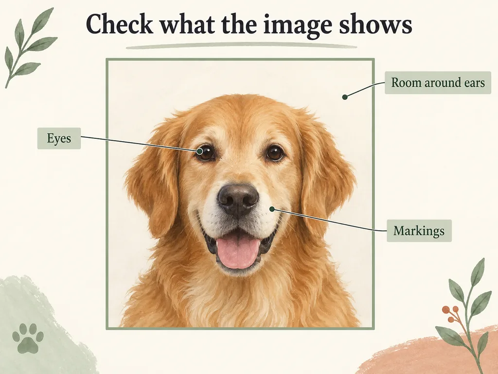 A dog portrait reference diagram points out the eyes, muzzle markings and space around the ears.