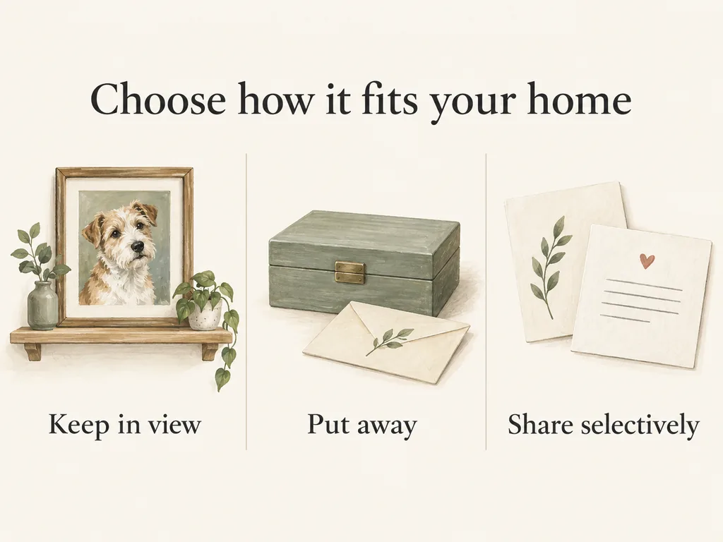 Three illustrated choices show a framed picture to keep in view, a closed box to put away and cards to share selectively.