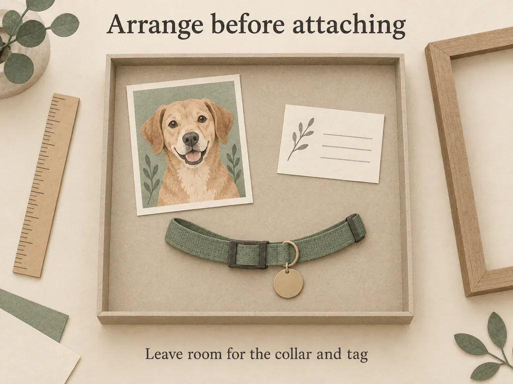 Loose shadow-box arrangement with a dog picture, collar, tag and note card.
