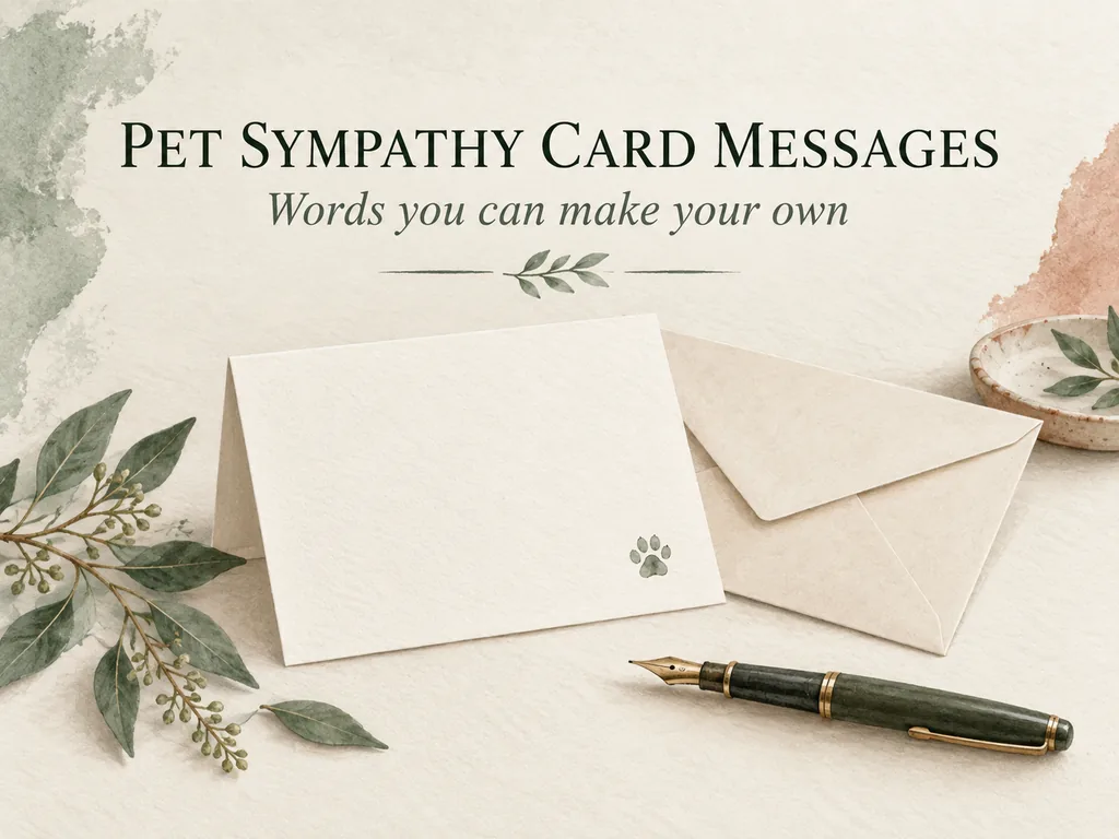 A blank card, envelope and pen beneath the title Pet sympathy card messages.