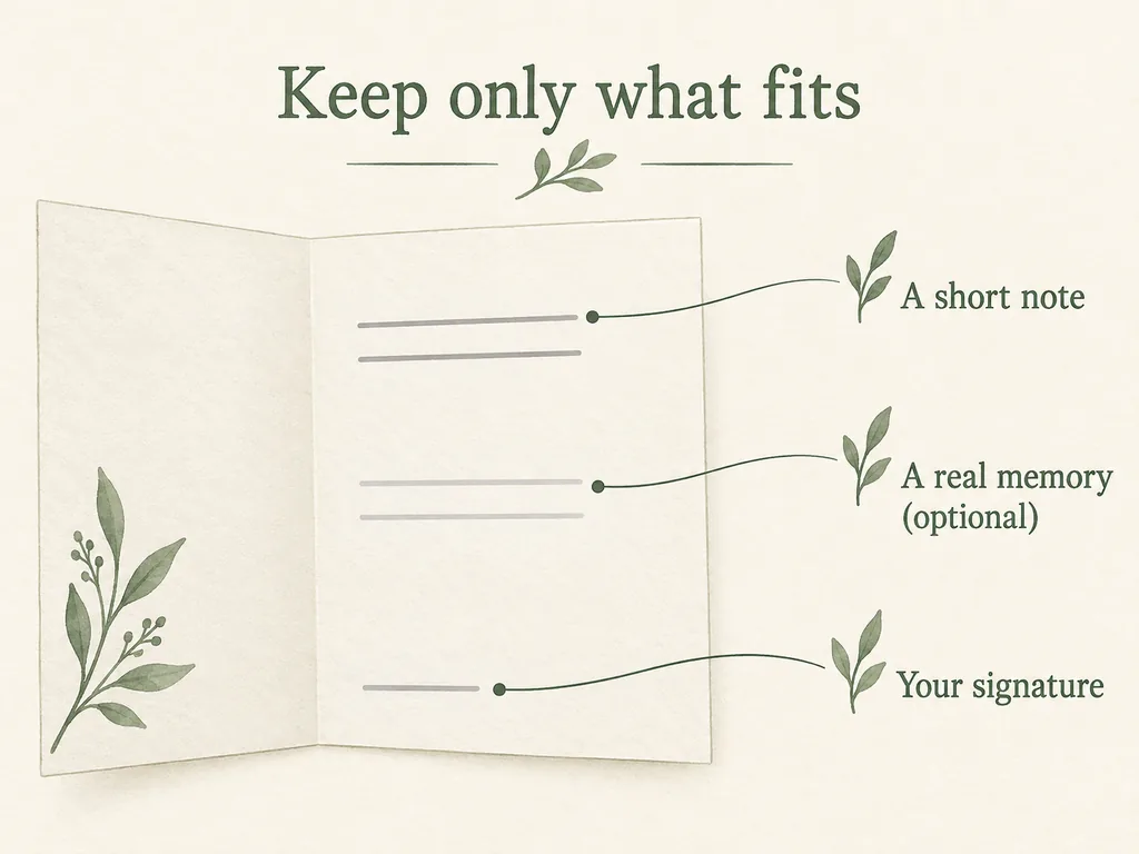 An illustrated card layout labels a short note, an optional real memory and a signature.