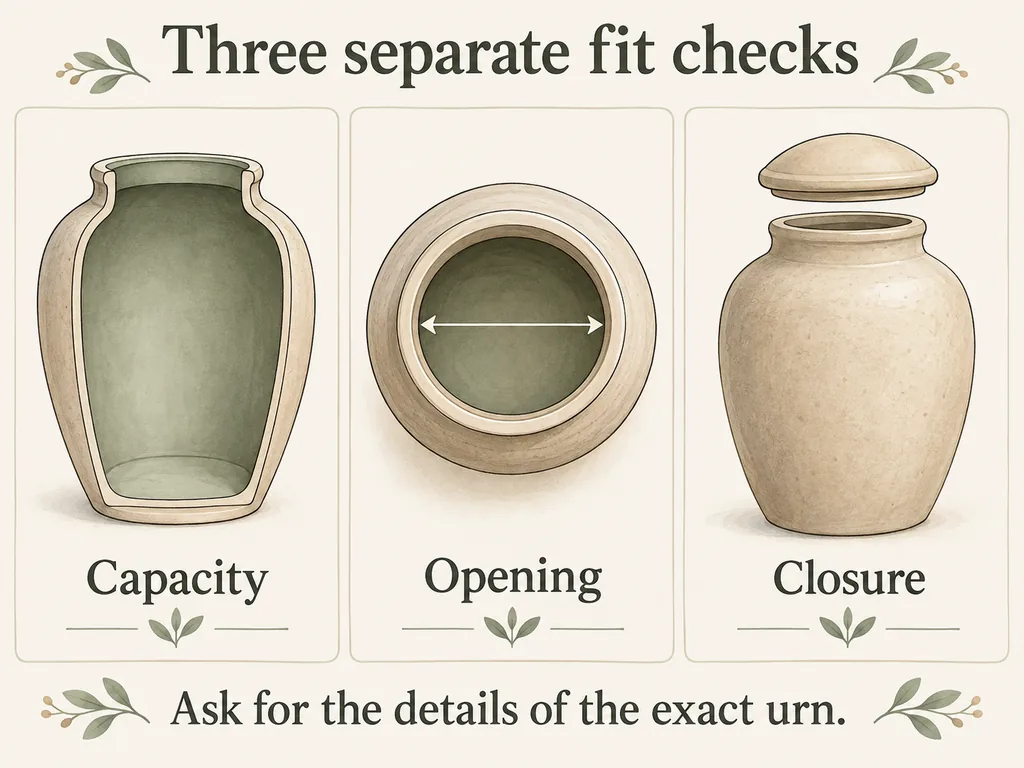 Three conceptual urn details show internal capacity, the opening and the lid as separate checks.