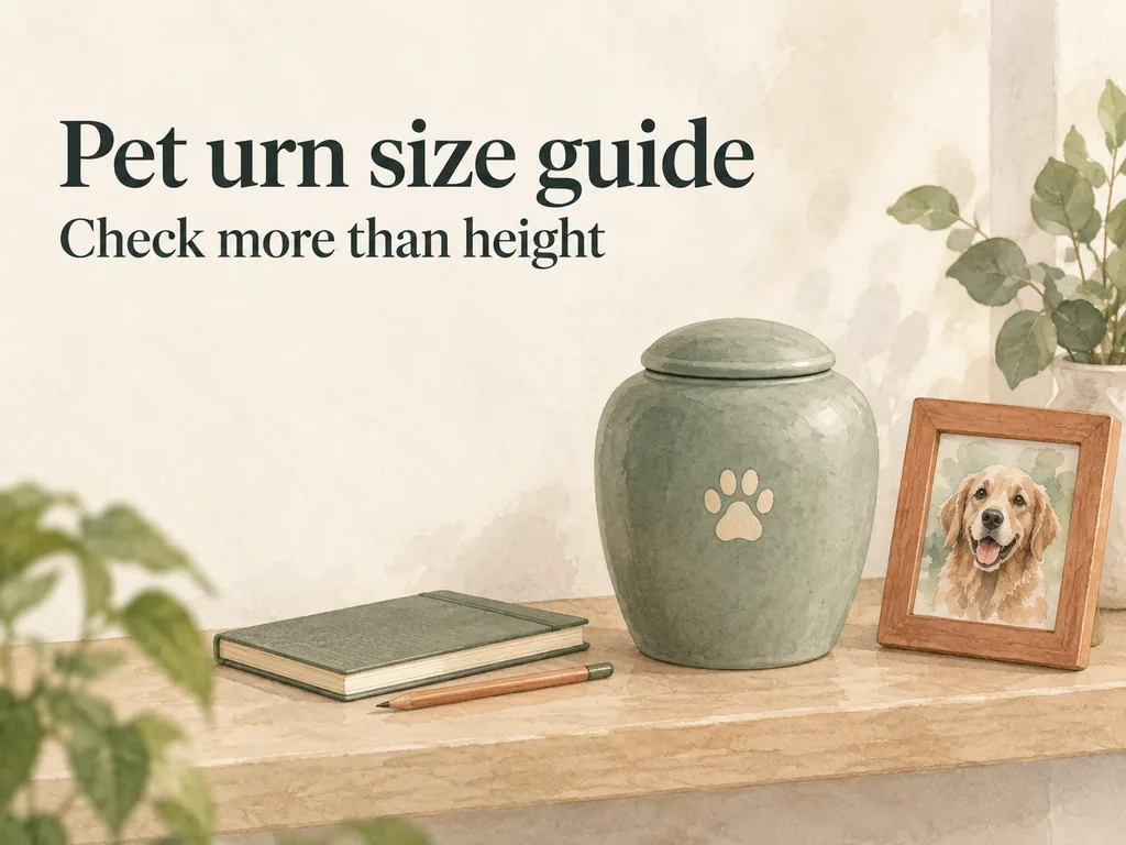 A closed sage urn, a dog picture and a notebook accompany the title Pet urn size guide and subtitle Check more than height.