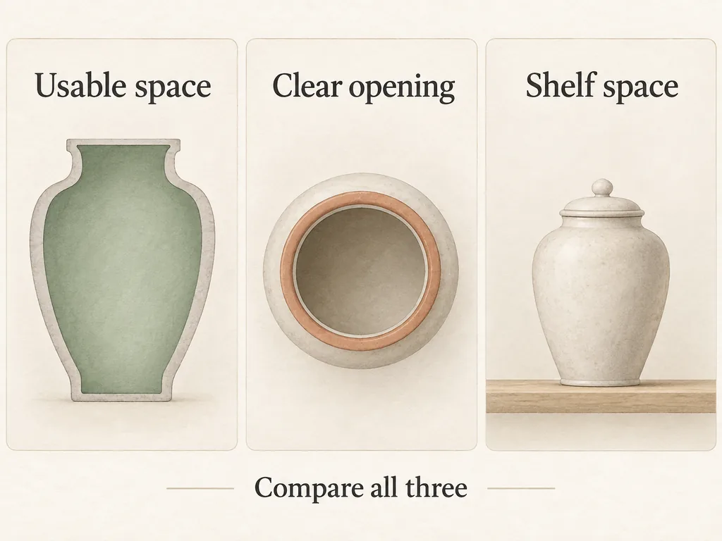 Separate diagram cards show usable space inside a vessel, its clear opening, and room around an urn on a shelf.