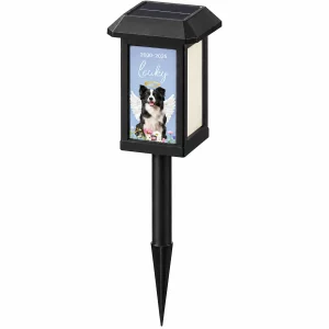 Photo solar pet memorial garden light with sample dog portrait from an angle