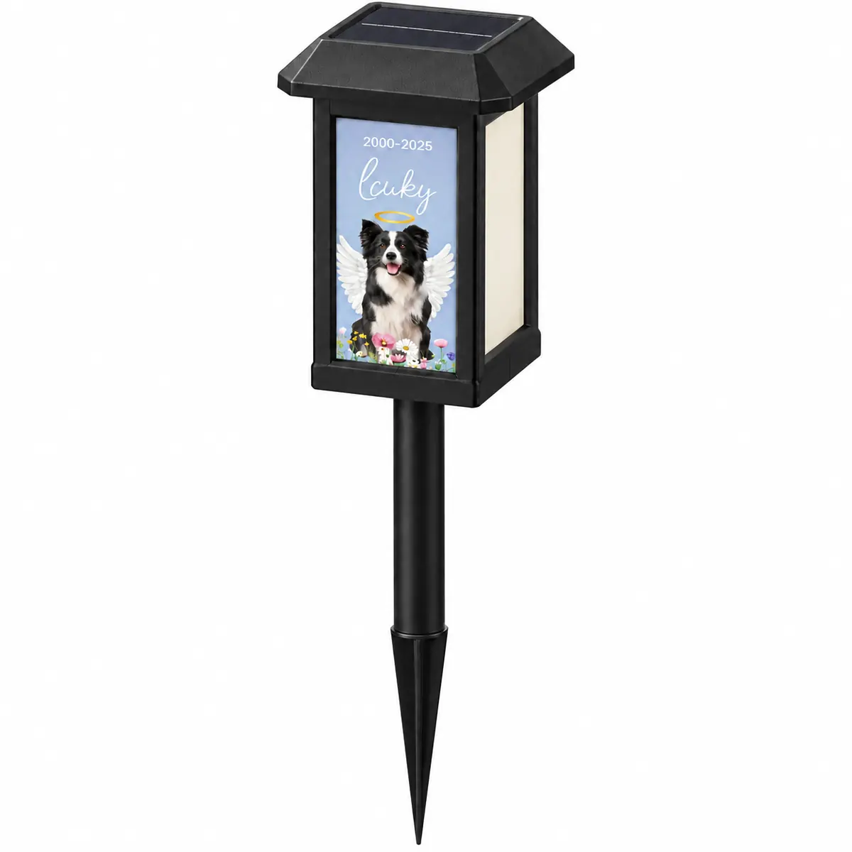 Photo solar pet memorial garden light with sample dog portrait from an angle