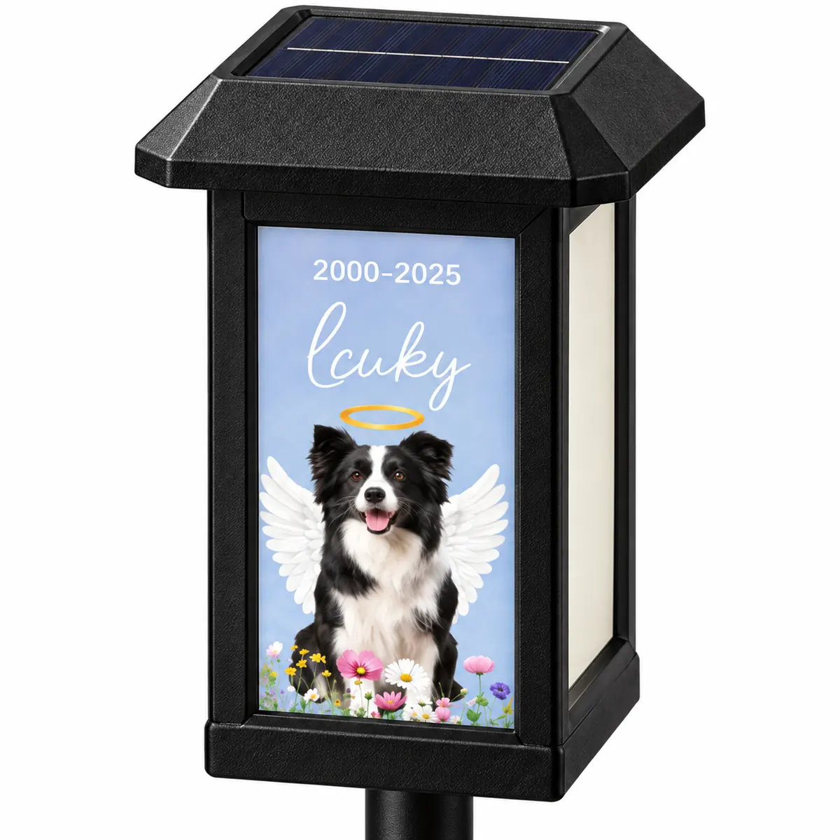 Close view of solar top and example dog portrait panel on garden memorial light