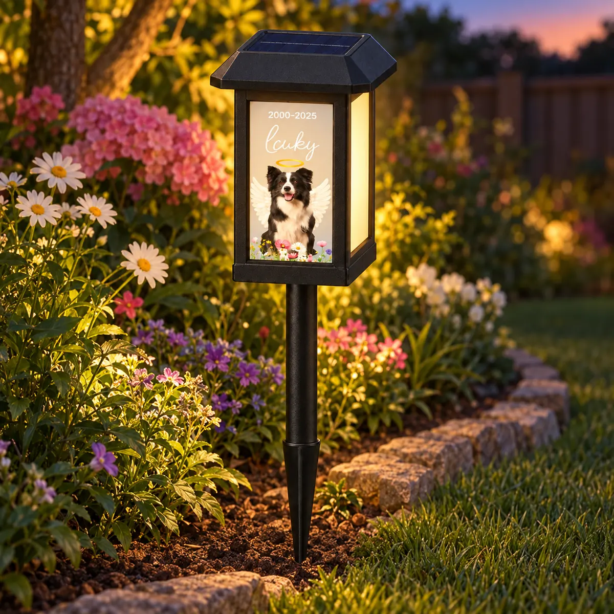 Warmly glowing photo solar pet memorial garden light beside flowers at dusk