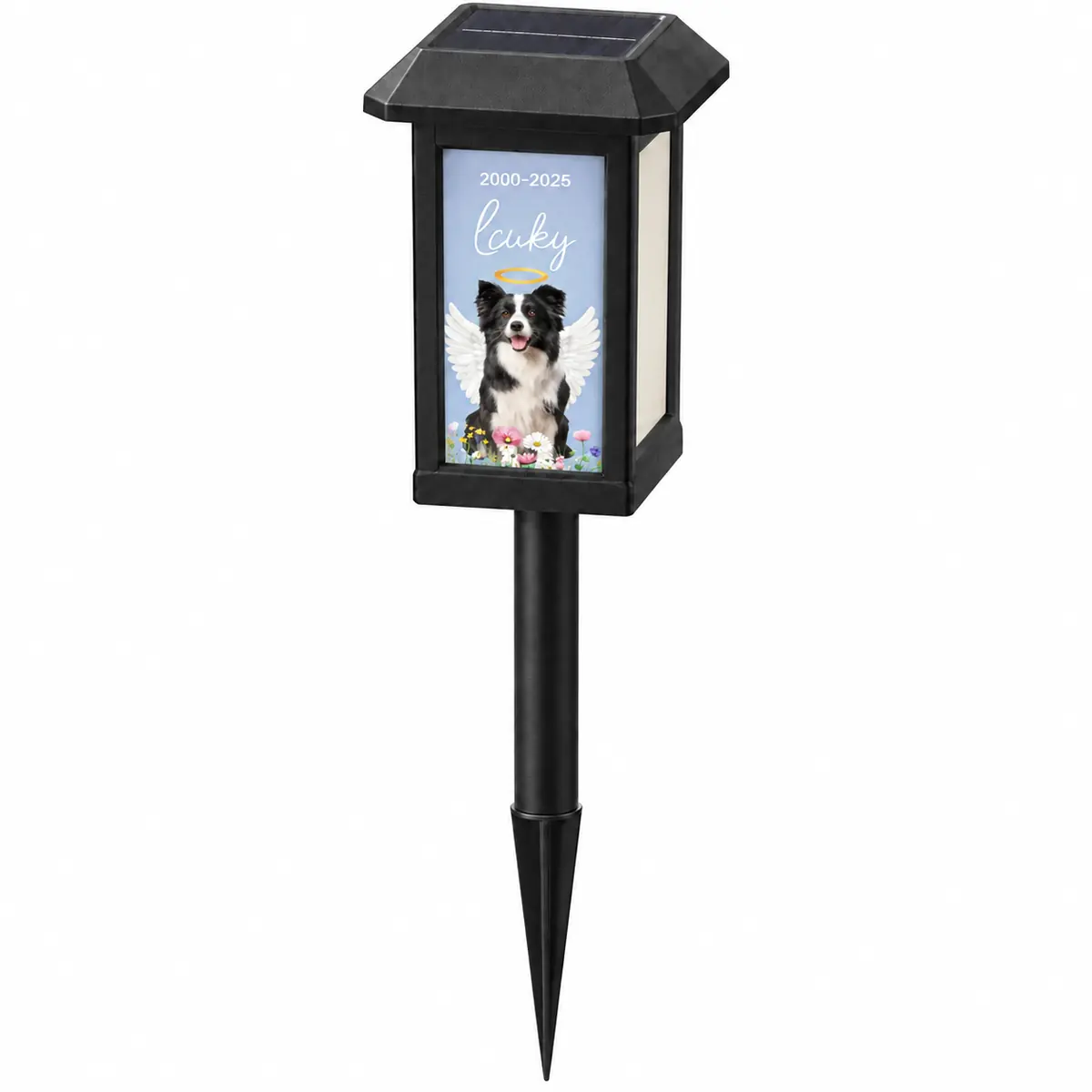 Photo-panel solar pet memorial garden light with example dog portrait on a white background