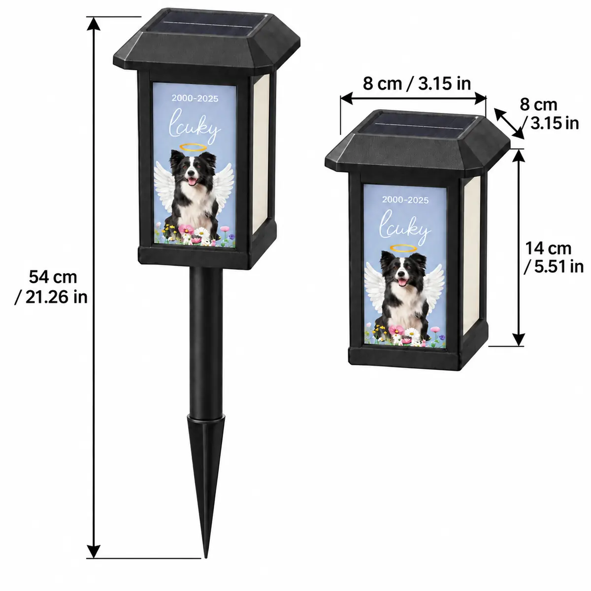 Photo solar memorial light dimensions: assembled 54 cm high, lamp unit 8 by 8 by 14 cm