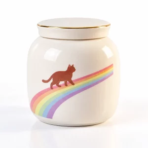 White lidded cat memorial urn seen from a slight angle