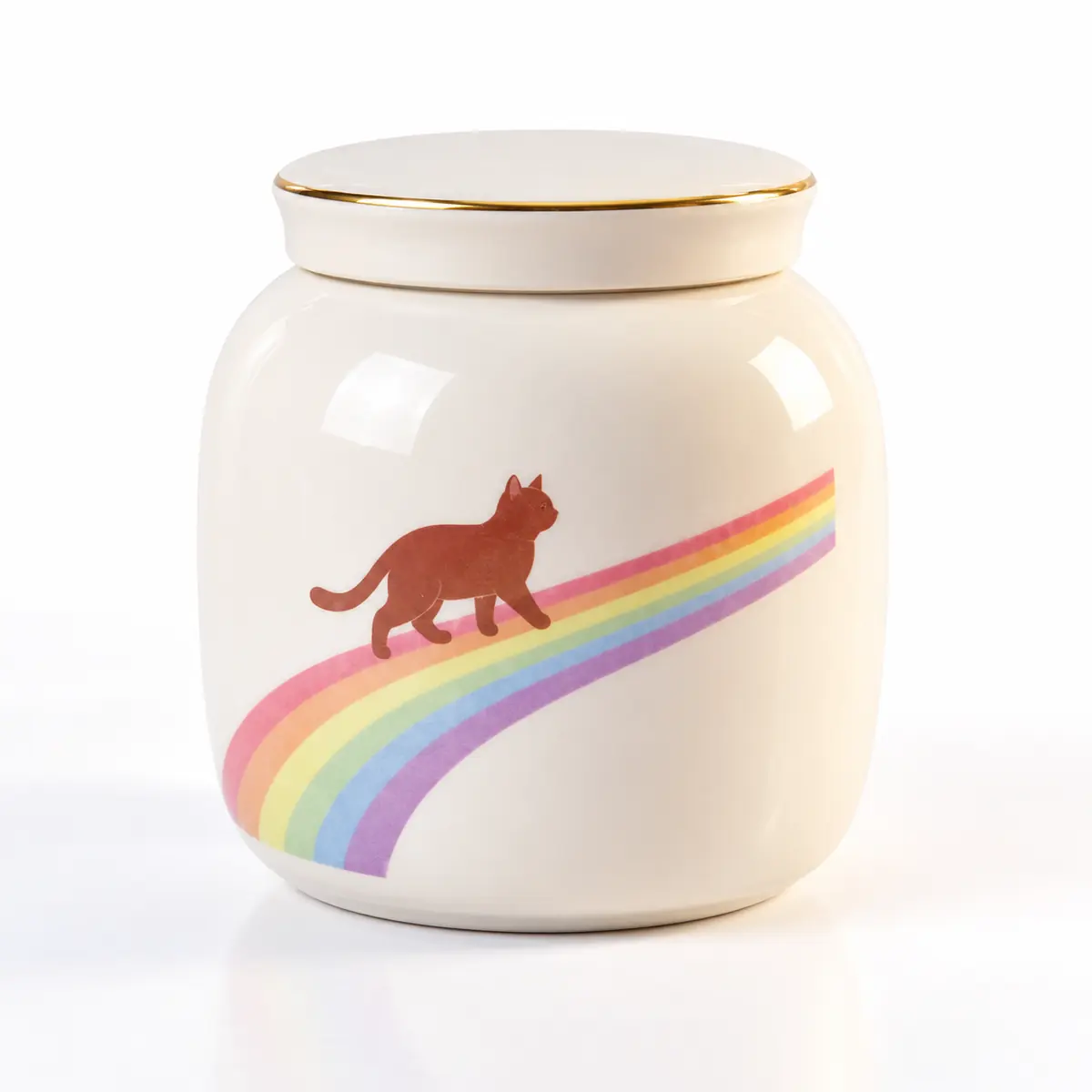 White lidded cat memorial urn seen from a slight angle