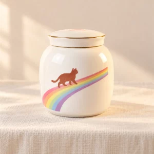 White rainbow cat memorial urn displayed on a cream indoor console
