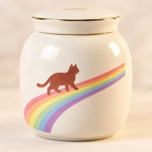 Close view of brown cat and pastel rainbow artwork on memorial urn