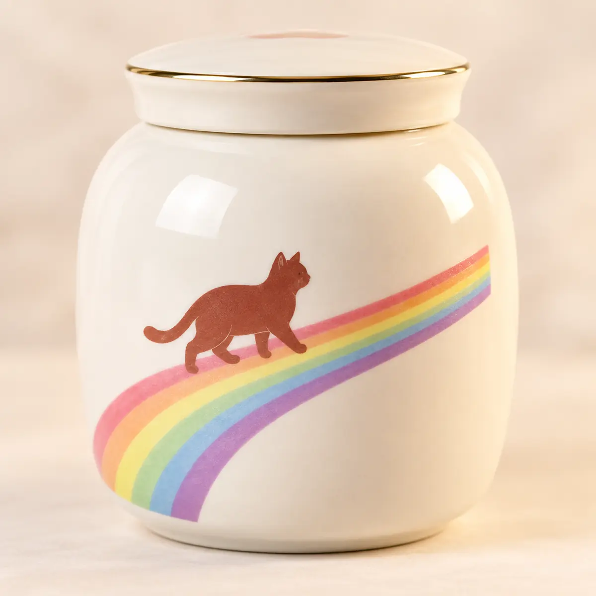 Close view of brown cat and pastel rainbow artwork on memorial urn