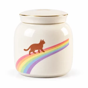 White rainbow cat memorial urn with brown cat silhouette on pastel rainbow