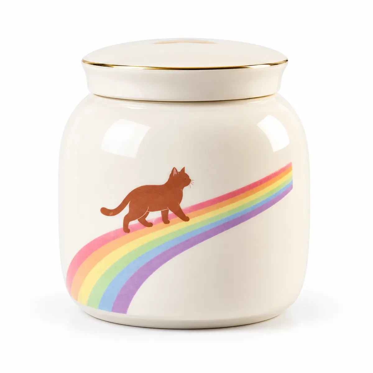 White rainbow cat memorial urn with brown cat silhouette on pastel rainbow
