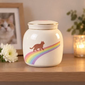 Rainbow cat memorial urn displayed on an indoor remembrance shelf