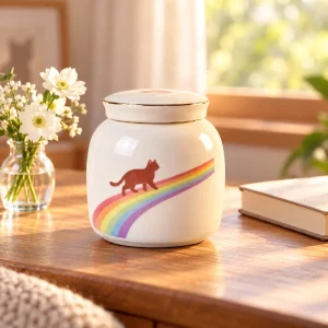 Rainbow cat urn on an indoor side table beside flowers and a book