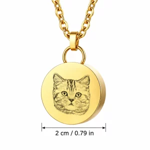 Personalized Round Pet Fur Keepsake Locket Necklace, dimensions in centimeters and inches