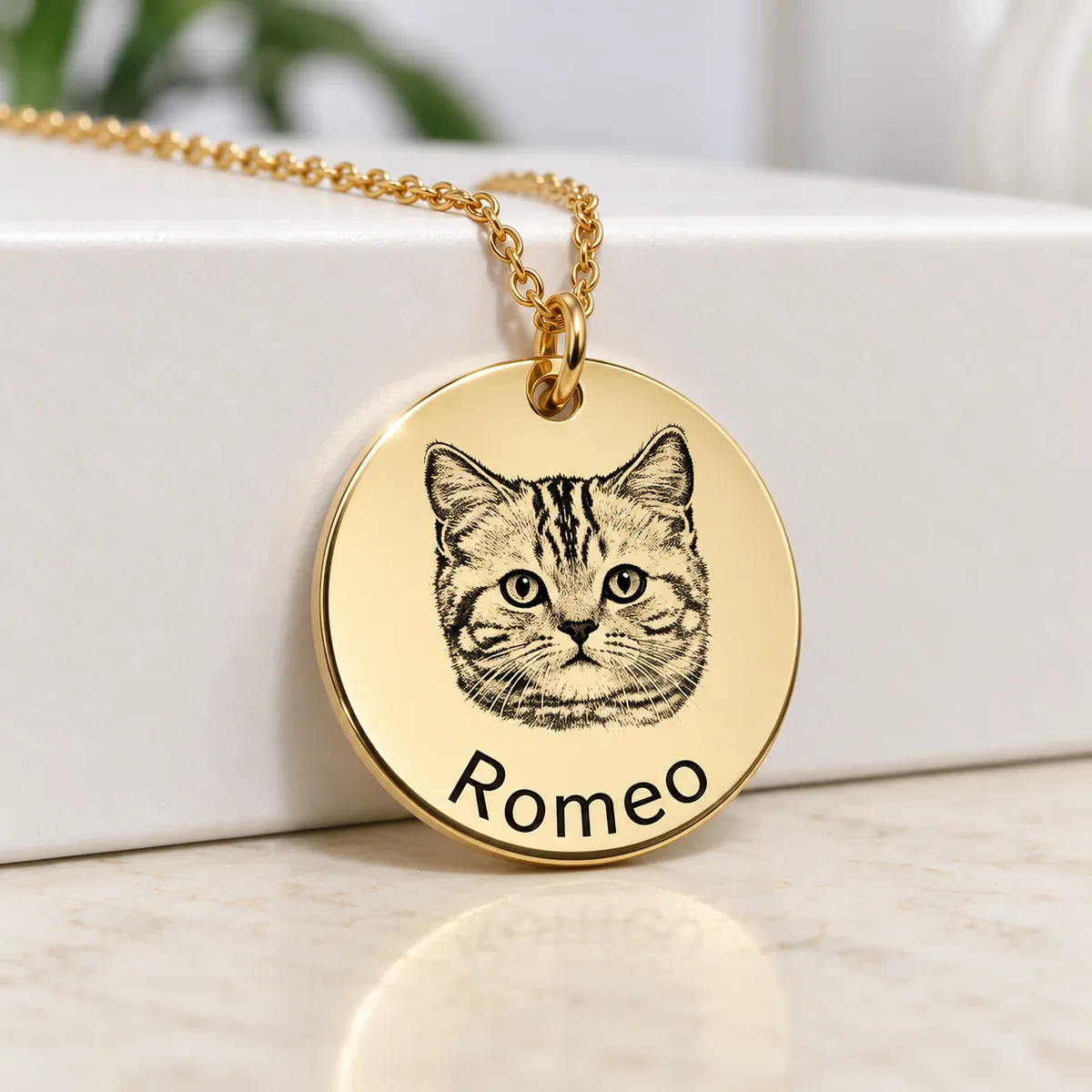 Personalized Round Pet Photo and Name Necklace, close-up detail