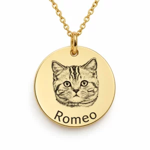 Personalized Round Pet Photo and Name Necklace, gold color