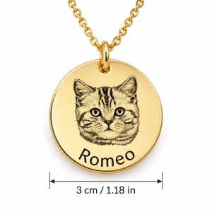 Personalized Round Pet Photo and Name Necklace, dimensions in centimeters and inches
