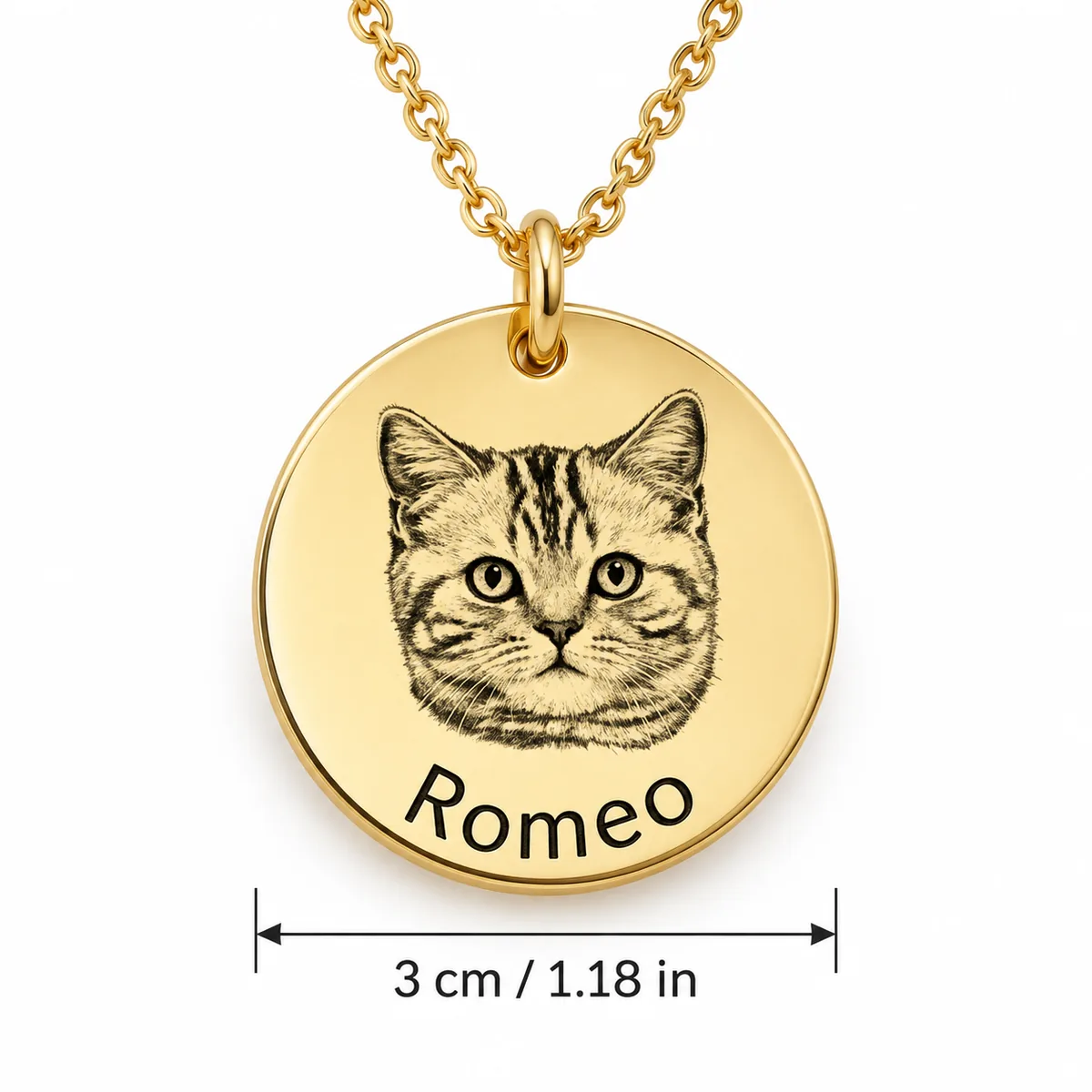 Personalized Round Pet Photo and Name Necklace, dimensions in centimeters and inches