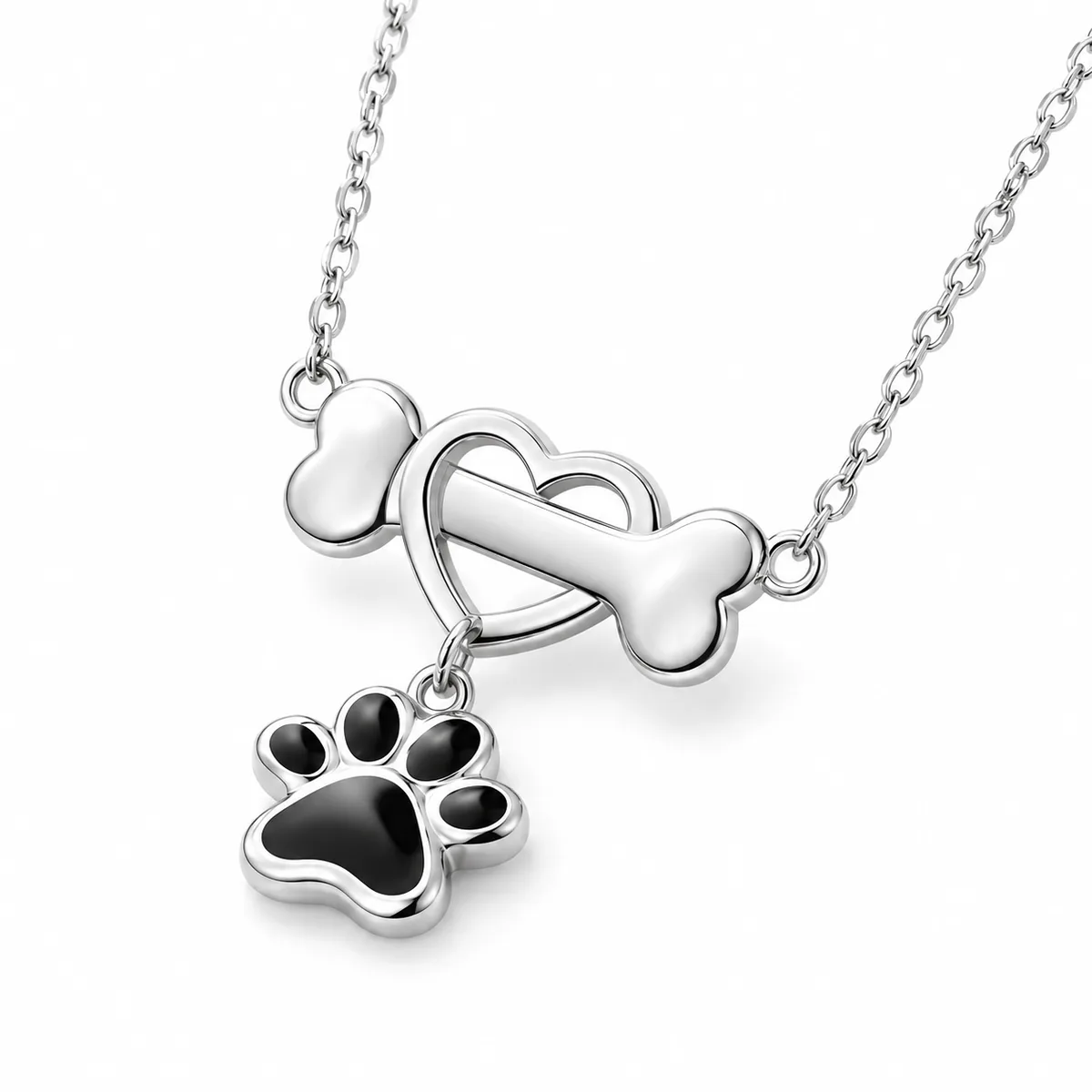 Sterling Silver Dog Bone Necklace with Heart and Paw, angled view