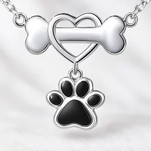 Sterling Silver Dog Bone Necklace with Heart and Paw, close-up detail