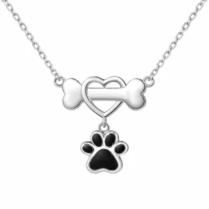 Sterling Silver Dog Bone Necklace with Heart and Paw, front view