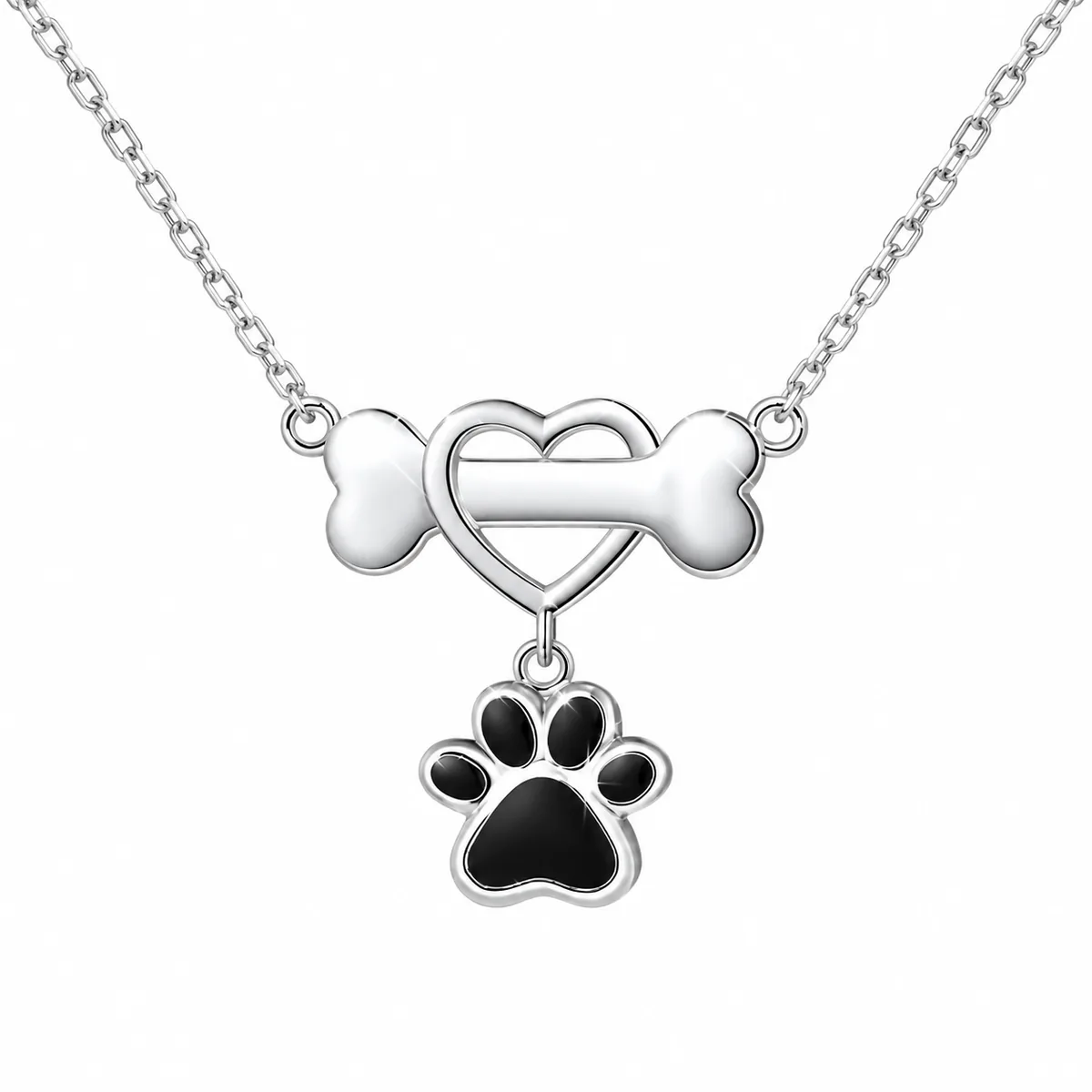 Sterling Silver Dog Bone Necklace with Heart and Paw, front view
